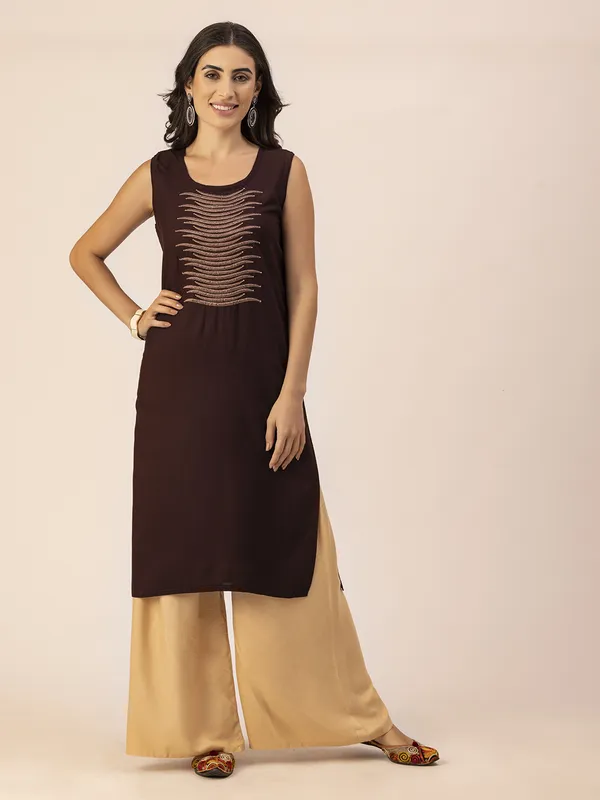 Dark_Brown_Rayon_Women_Kurta,_Stylish_Embroidery_&_Pearl_Hand_work