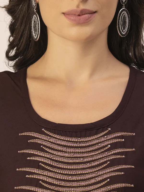 Dark_Brown_Rayon_Women_Kurta,_Stylish_Embroidery_&_Pearl_Hand_work