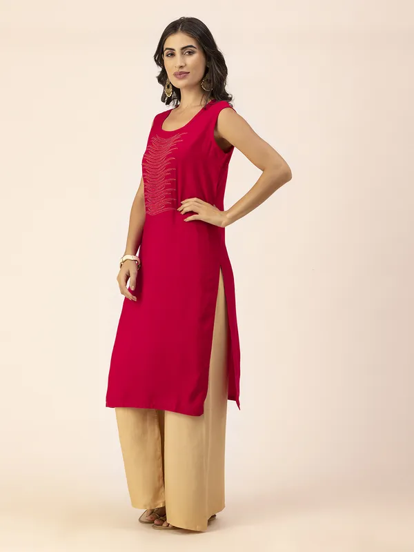 Magenta_Rayon_Women_Kurta,_Stylish_Embroidery_&_Pearl_Hand_work