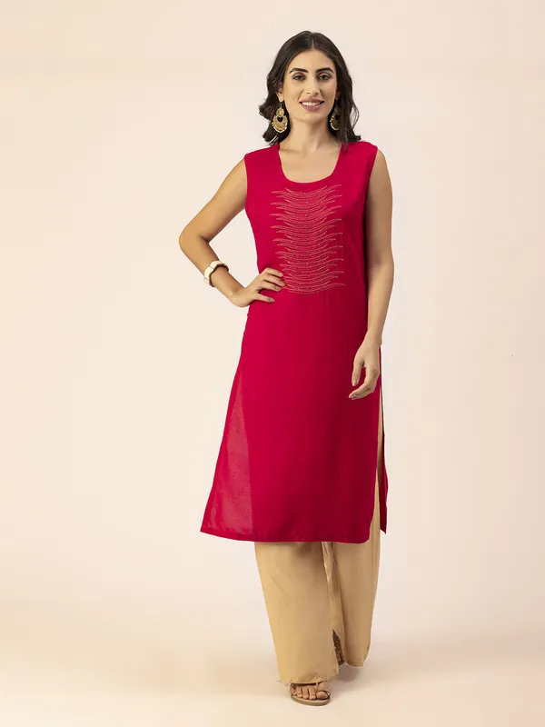 Magenta_Rayon_Women_Kurta,_Stylish_Embroidery_&_Pearl_Hand_work
