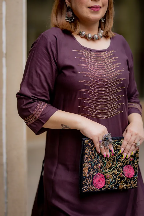 Dark_Brown_Rayon_Women_Kurta,_Stylish_Embroidery_&_Pearl_Hand_work