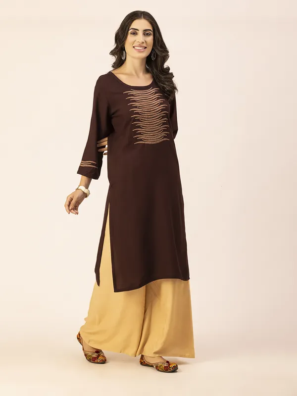 Dark_Brown_Rayon_Women_Kurta,_Stylish_Embroidery_&_Pearl_Hand_work