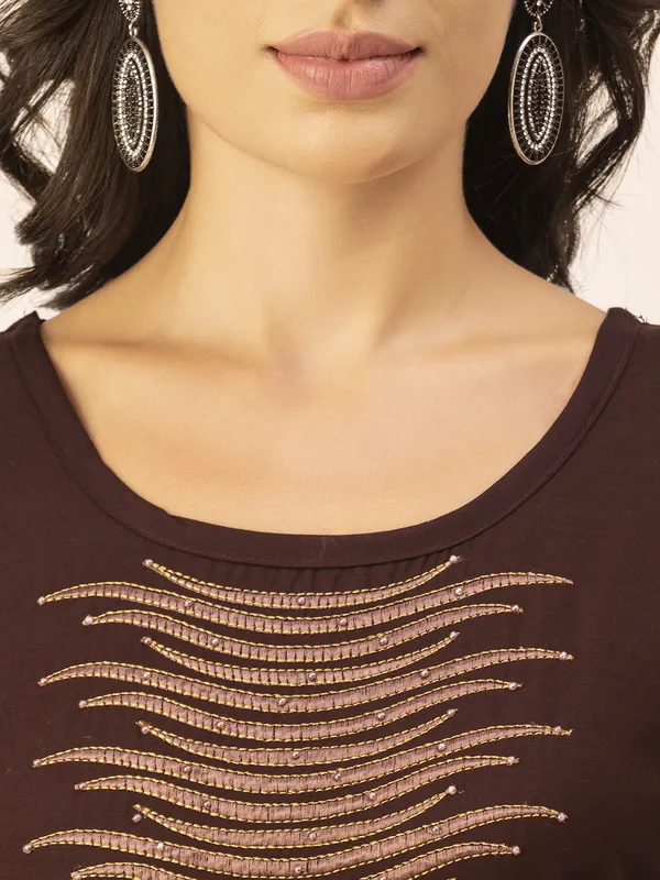 Dark_Brown_Rayon_Women_Kurta,_Stylish_Embroidery_&_Pearl_Hand_work