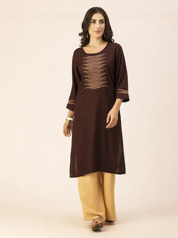 Dark_Brown_Rayon_Women_Kurta,_Stylish_Embroidery_&_Pearl_Hand_work