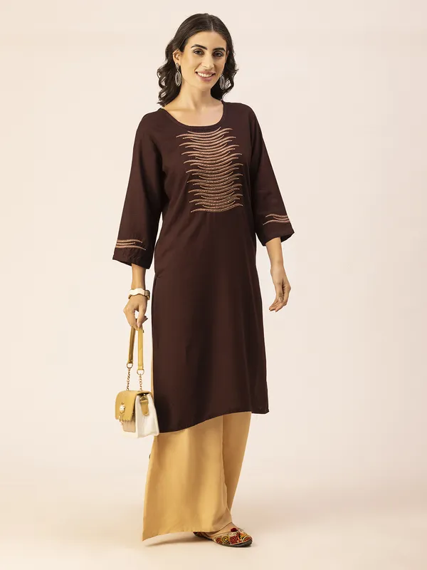 Dark_Brown_Rayon_Women_Kurta,_Stylish_Embroidery_&_Pearl_Hand_work