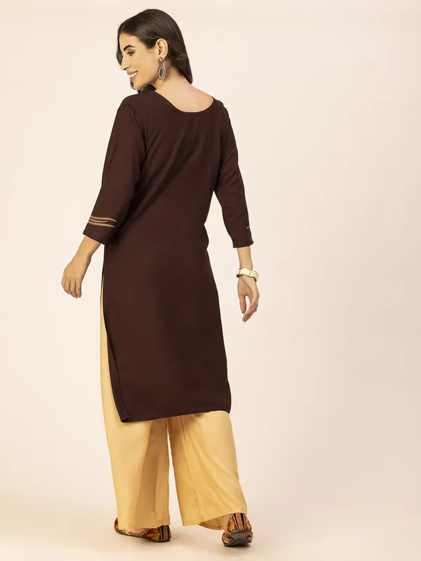 Dark_Brown_Rayon_Women_Kurta,_Stylish_Embroidery_&_Pearl_Hand_work