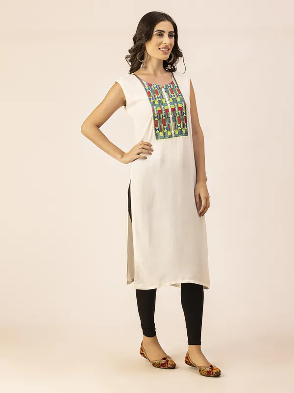 Off_White_Rayon_Women_Kurta,_Colourful_Embroidery_Work