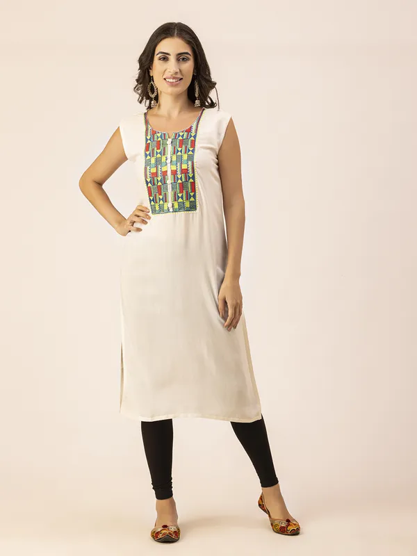 Off_White_Rayon_Women_Kurta,_Colourful_Embroidery_Work