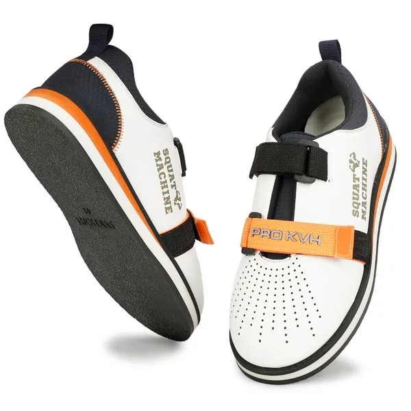 PRO_KVH_Weightlifting_Squat_Shoes,_Deadlift_Shoes,Weight_Lifting_Shoes_for_Heavy_Lifting_Weight_Training,Fitness_Cross-Trainer_Barefoot_&_Minimalist_Sneakers_Gym_Training_Shoes_for_Men_White-Orange_(12UK/IND)