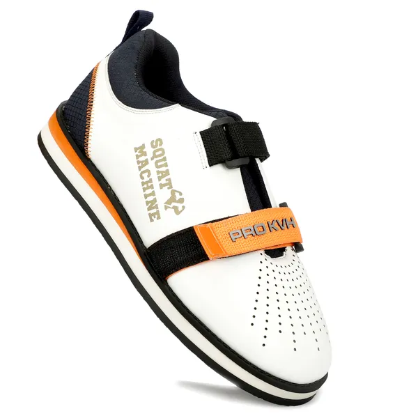 PRO_KVH_Weightlifting_Squat_Shoes,_Deadlift_Shoes,Weight_Lifting_Shoes_for_Heavy_Lifting_Weight_Training,Fitness_Cross-Trainer_Barefoot_&_Minimalist_Sneakers_Gym_Training_Shoes_for_Men_White-Orange_(12UK/IND)