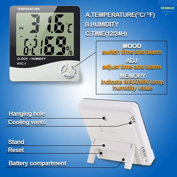 Measurement_Room_Temperature_Device_Meter_Humidity_Monitor_HTC-1_Incubator_with_Rest_Stand_and_Accurate_Indoor_LCD_Thermometer_Display_&_Wall_Mount_Clock_(White)