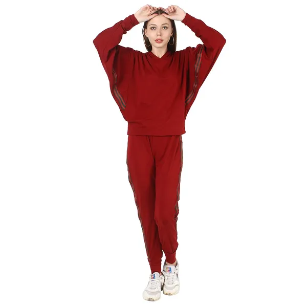 Women'S_Summer_Tracksuit_Maroon_Strip_Lace_Detail_Tracks_|_High_Neck_|_Tracksuit