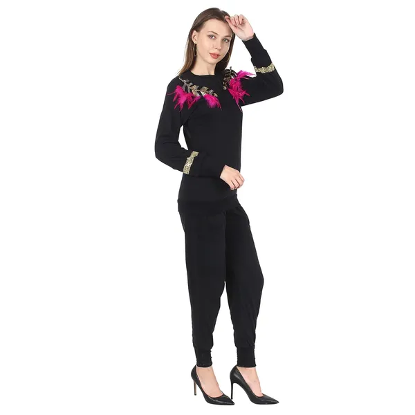 Women'S_Winter_Tracksuit_Black_Multi_Colour_Feather_Embroidery_Set_|_High_Neck_|_Tracksuit
