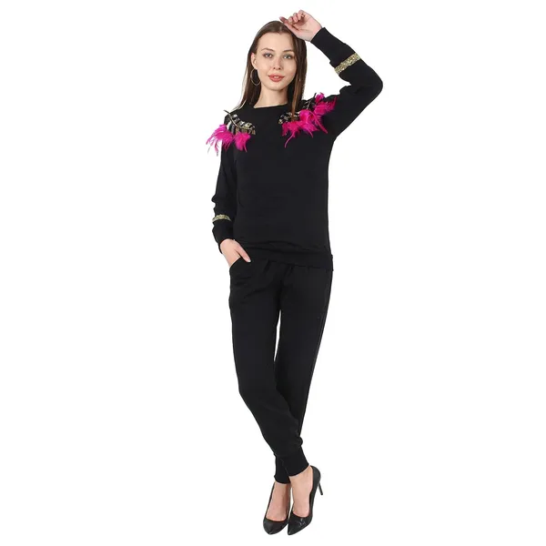Women'S_Winter_Tracksuit_Black_Multi_Colour_Feather_Embroidery_Set_|_High_Neck_|_Tracksuit