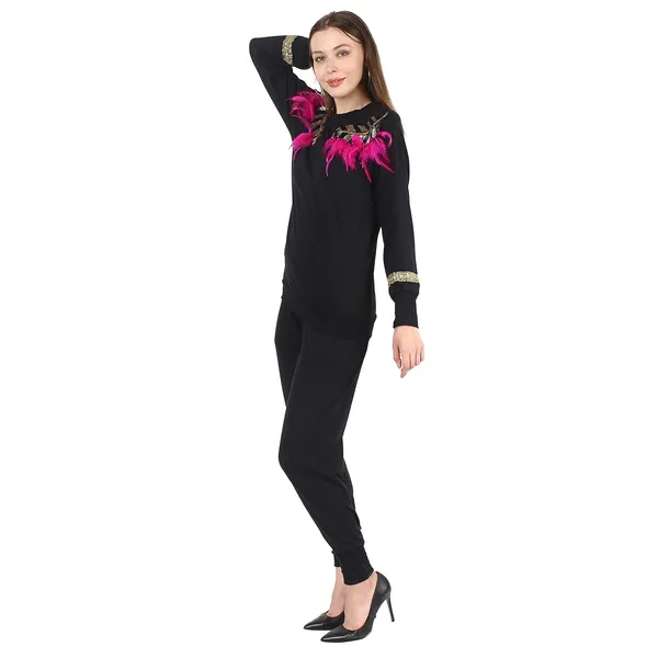 Women'S_Winter_Tracksuit_Black_Multi_Colour_Feather_Embroidery_Set_|_High_Neck_|_Tracksuit
