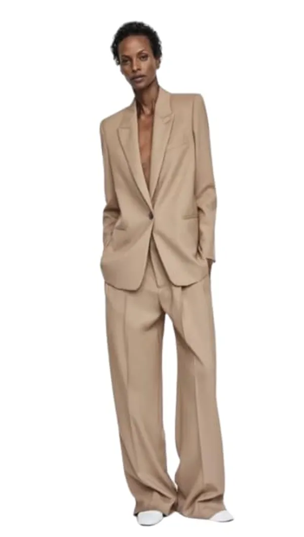 Women_Co-Ord_Set_Twill_Lycra/Cotton_Long_Sleeve_Shirt_And_Full_Length_Trouser_Pant_Western_Dress(Beige)