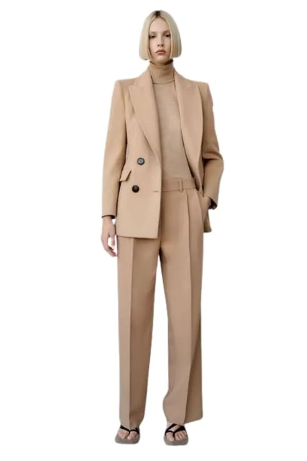 Women_Co-Ord_Set_Twill_Lycra/Cotton_Long_Sleeve_Shirt_And_Full_Length_Trouser_Pant_Western_Dress(Camel_Brown)