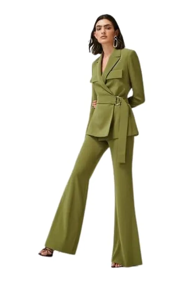 Women_Co-Ord_Set_Twill_Lycra/Cotton_Long_Sleeve_Shirt_And_Full_Length_Trouser_Pant_Western_Dress(Parrot_Green)