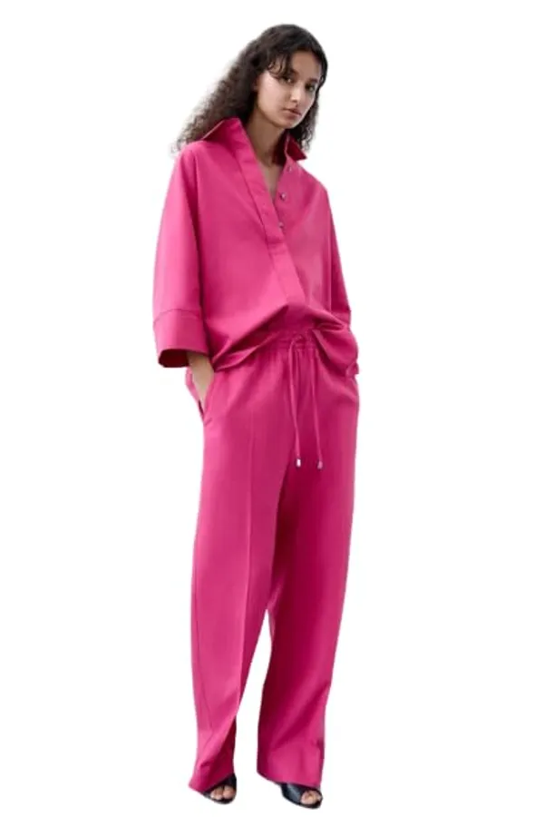 Women_Co-Ord_Set_Twill_Lycra/Cotton_Long_Sleeve_Shirt_And_Full_Length_Trouser_Pant_Western_Dress(Pink)