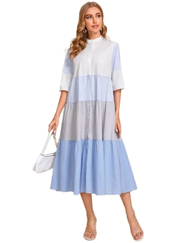 Women'S_Cotton_Dress_|_Hand_Wash_|_Solid_|_Blue/White/Grey_|_|2021-163