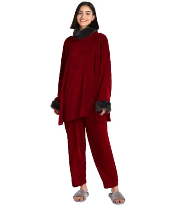 Women'S_Velvet_Kaftan_With_Fur_Details_Night_Suit_(Mahroon)_(202144)