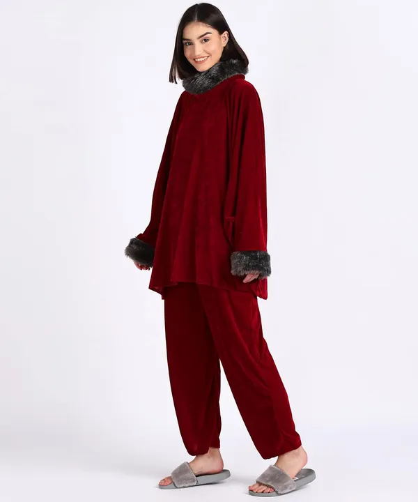 Women'S_Velvet_Kaftan_With_Fur_Details_Night_Suit_(Mahroon)_(202144)