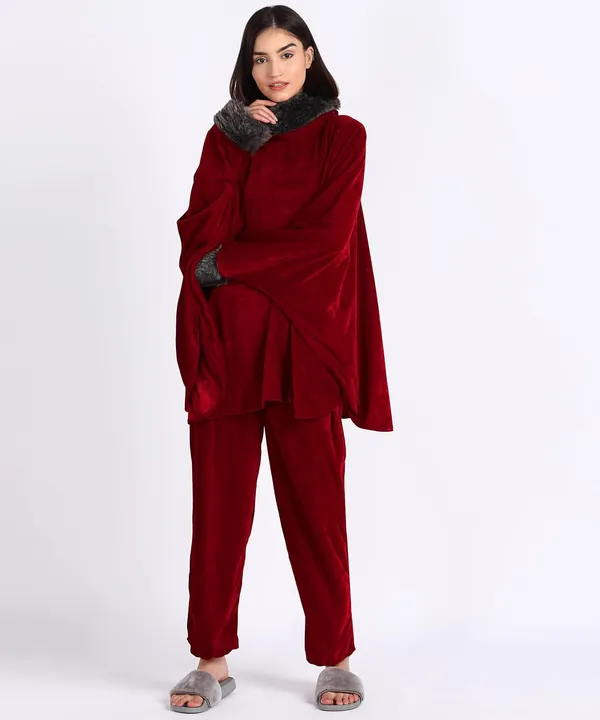 Women'S_Velvet_Kaftan_With_Fur_Details_Night_Suit_(Mahroon)_(202144)