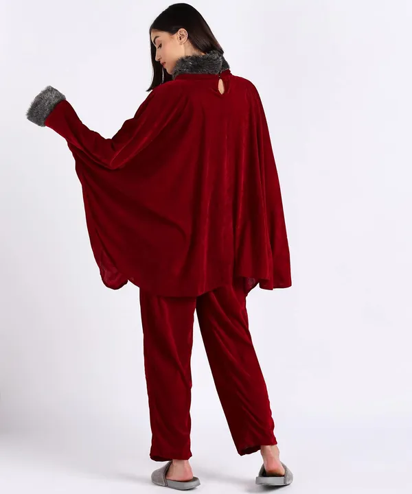 Women'S_Velvet_Kaftan_With_Fur_Details_Night_Suit_(Mahroon)_(202144)