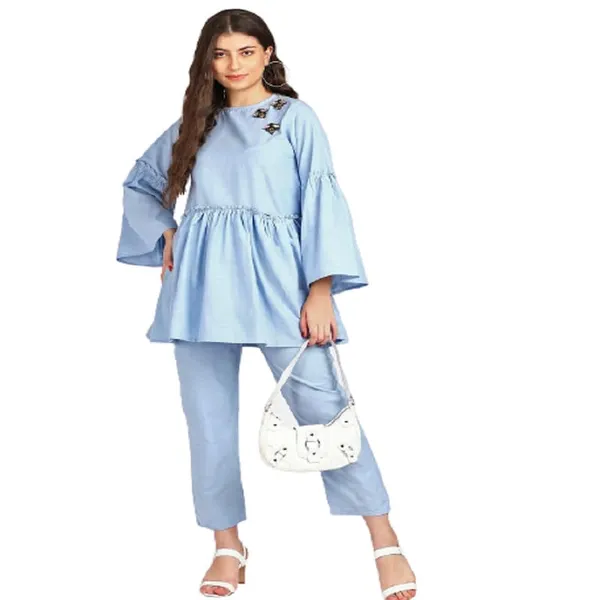 Women'S_Coord_Set_(Solid_Crepe_Tie-Up_Shirt_And_Bootcut_Pant_Set_Blue)