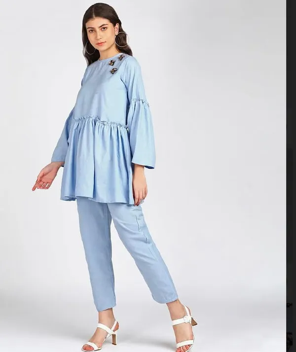 Women'S_Coord_Set_(Solid_Crepe_Tie-Up_Shirt_And_Bootcut_Pant_Set_Blue)