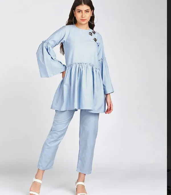 Women'S_Coord_Set_(Solid_Crepe_Tie-Up_Shirt_And_Bootcut_Pant_Set_Blue)