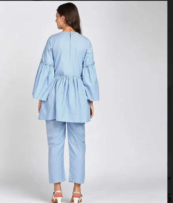 Women'S_Coord_Set_(Solid_Crepe_Tie-Up_Shirt_And_Bootcut_Pant_Set_Blue)