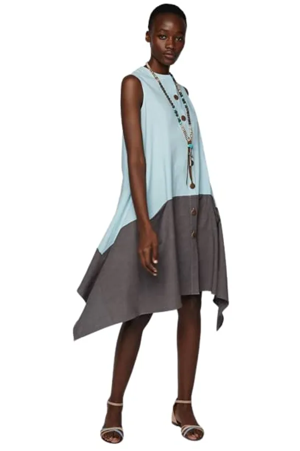 Popuppatka_Western_Dresses_|_A-Line_Knee-Length_Dress_|_Midi_Western_Dress_For_Women_Blue_&_Grey