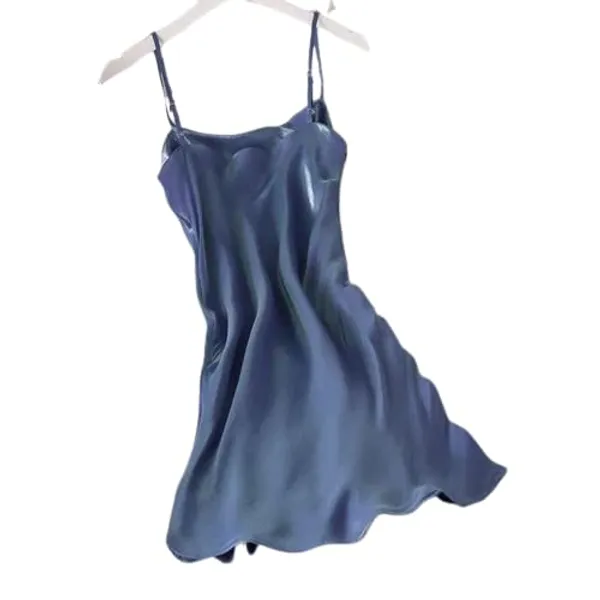 Popuppatka_Women'S_Satin_Solid_Knee_Length_Night_Dress(Blue)
