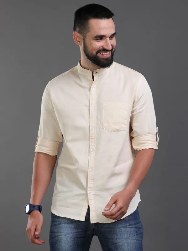 Cream_ColorPremium_Mens_Slub_Cotton_Plain_Shirt