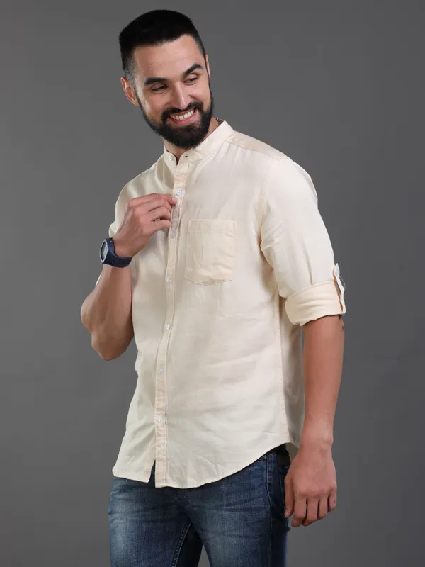 Cream_ColorPremium_Mens_Slub_Cotton_Plain_Shirt