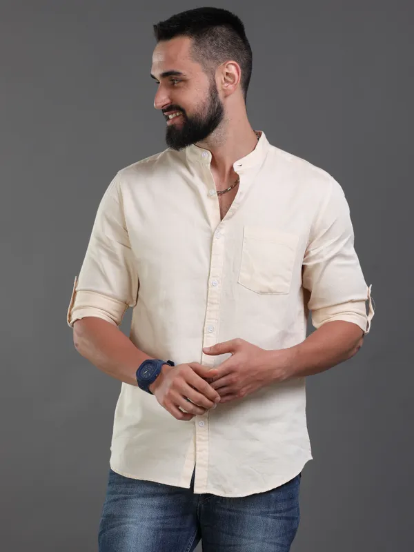 Cream_ColorPremium_Mens_Slub_Cotton_Plain_Shirt