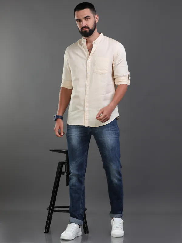Cream_ColorPremium_Mens_Slub_Cotton_Plain_Shirt