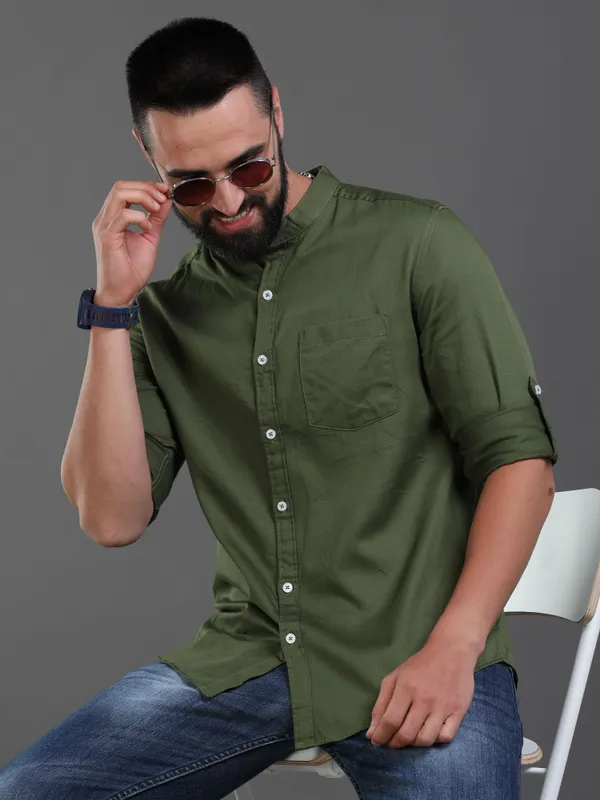 Premium_Mens_Slub_Cotton_Plain_Shirt_(Olive)
