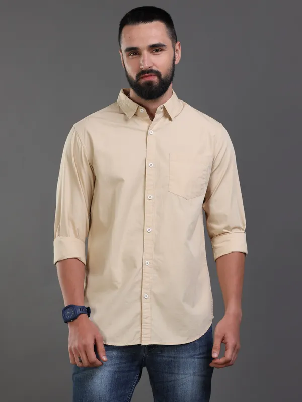 Cream_ColorPremium_Mens_Slub_Cotton_Plain_Shirt