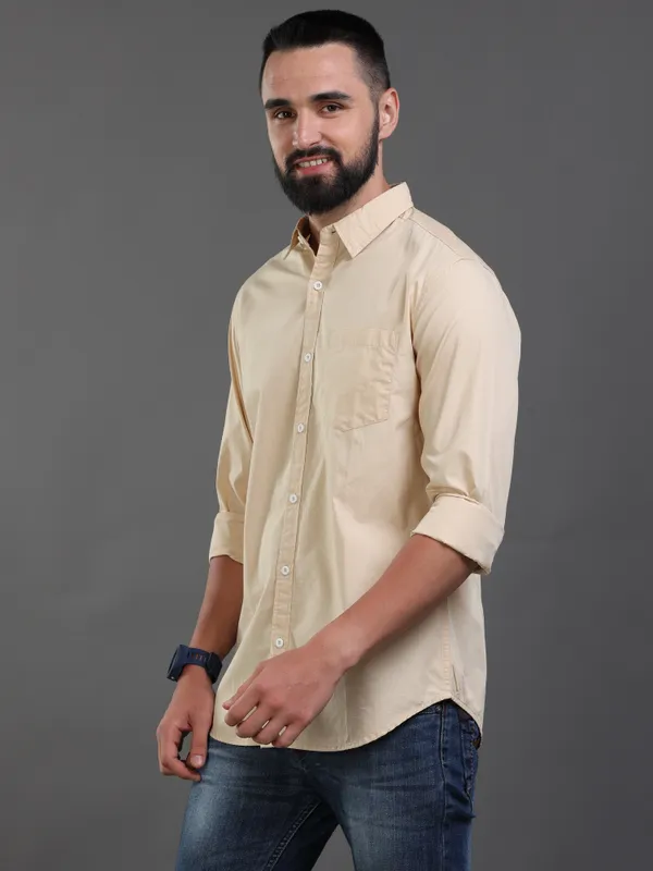 Cream_ColorPremium_Mens_Slub_Cotton_Plain_Shirt
