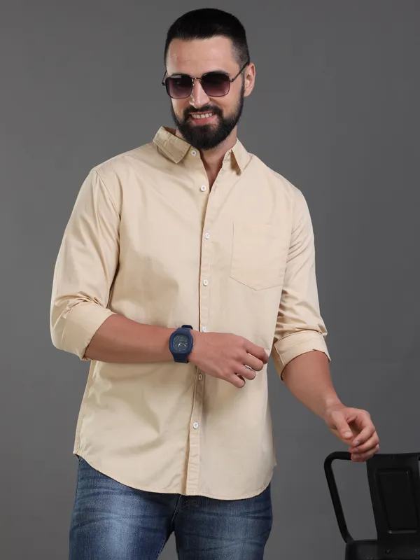 Cream_ColorPremium_Mens_Slub_Cotton_Plain_Shirt