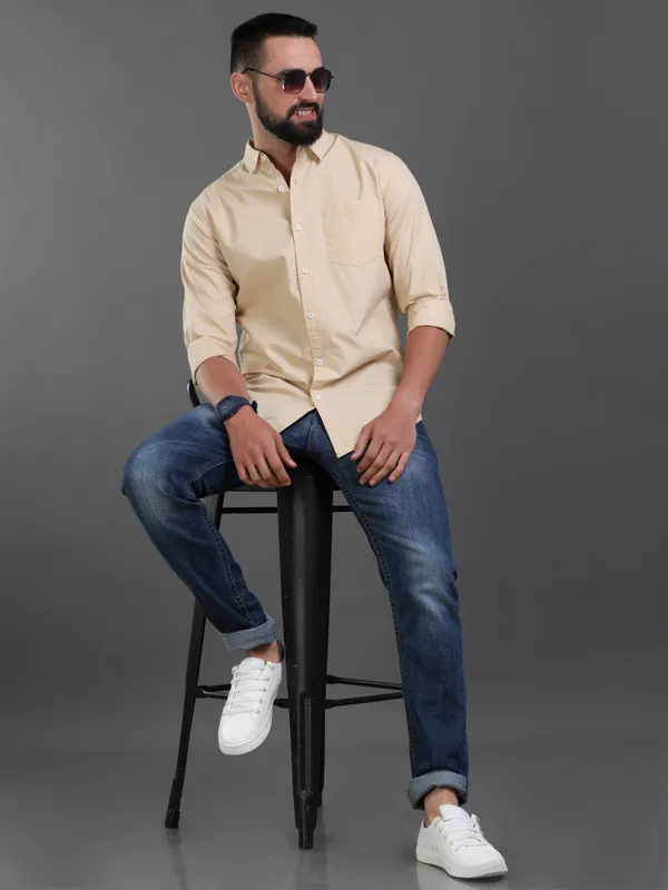 Cream_ColorPremium_Mens_Slub_Cotton_Plain_Shirt