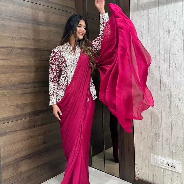 Pink_Colour_Embroidery_Work_Ready_To_Wear_Saree_With_Blouse