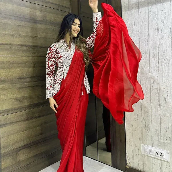 Super_Trending_Embroidery__Work_Ready_To_Wear_Red__Saree_With_Full_Koti