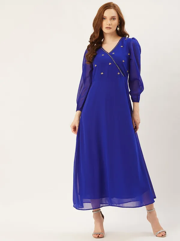 Blue_Georgette_Solid::Embroidered_dress