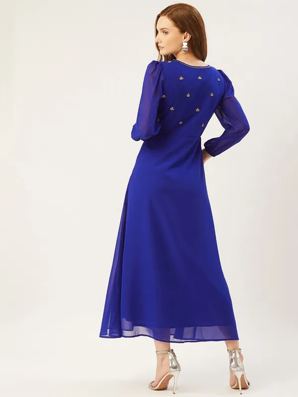 Blue_Georgette_Solid::Embroidered_dress
