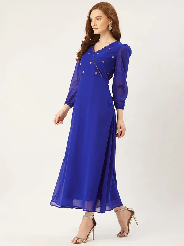 Blue_Georgette_Solid::Embroidered_dress