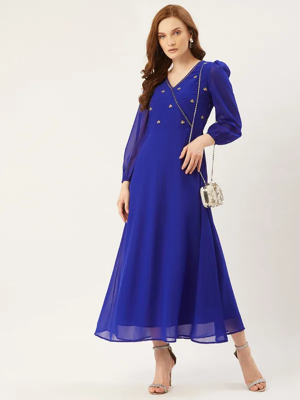Blue_Georgette_Solid::Embroidered_dress