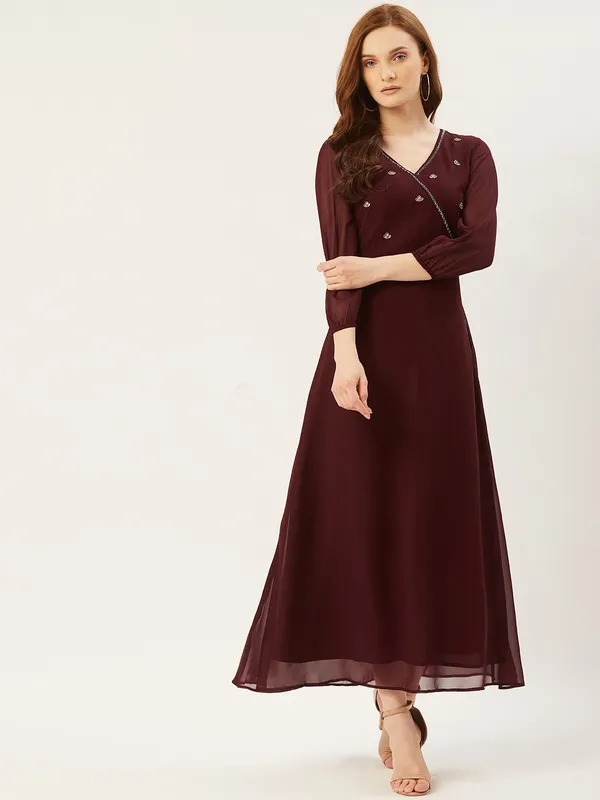 Brown_Georgette_Solid::Embroidered_dress